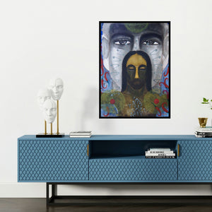 'I Am He (Vulnerability and Strength)' painting by Avi Roy shown on a wall in a furnished room.