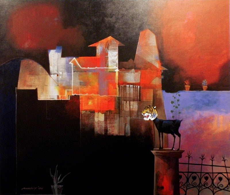 I Am Not Scared' contemporary acrylic painting by artist Pradip Sengupta, 42x48 inch, on canvas