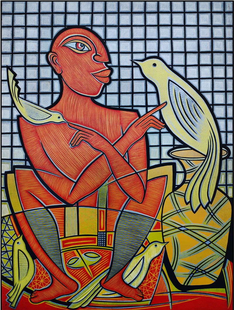 I Am There' contemporary wood cut printmaking by artist Arvind Sharma, 30x22 inch, on paper