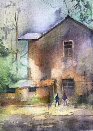 I Can Smell The Aroma (Morning Chores) by Mohd Qaseem Farooqui, Original Watercolor Cityscape Painting on French Paper, X-Small Vertical Wall Art