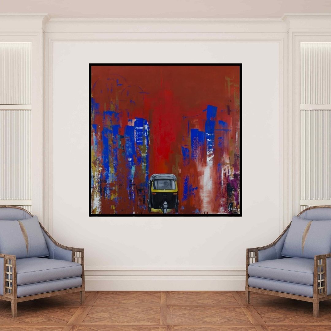 In-situ view of Tejinder Ladi Singh's 'This Is I (Urban Pulse)' painting in a room