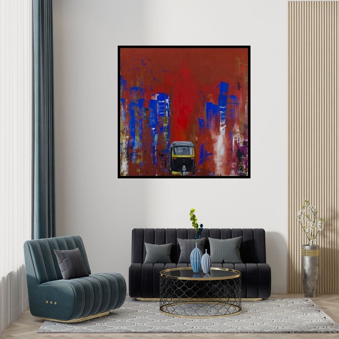 Preview of 'This Is I (Urban Pulse)' Painting by Tejinder Ladi Singh shown on a wall in a furnished room.
