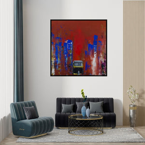 Preview of 'This Is I (Urban Pulse)' Painting by Tejinder Ladi Singh shown on a wall in a furnished room.