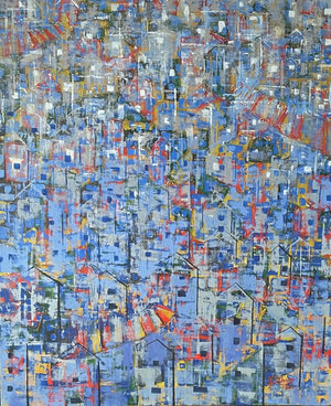 Cityscape oil painting titled 'I Want To Touch The Sky I Want To Dive deep down into the ocean', 36x30 inches, by artist Karishma Wadhwa on Canvas