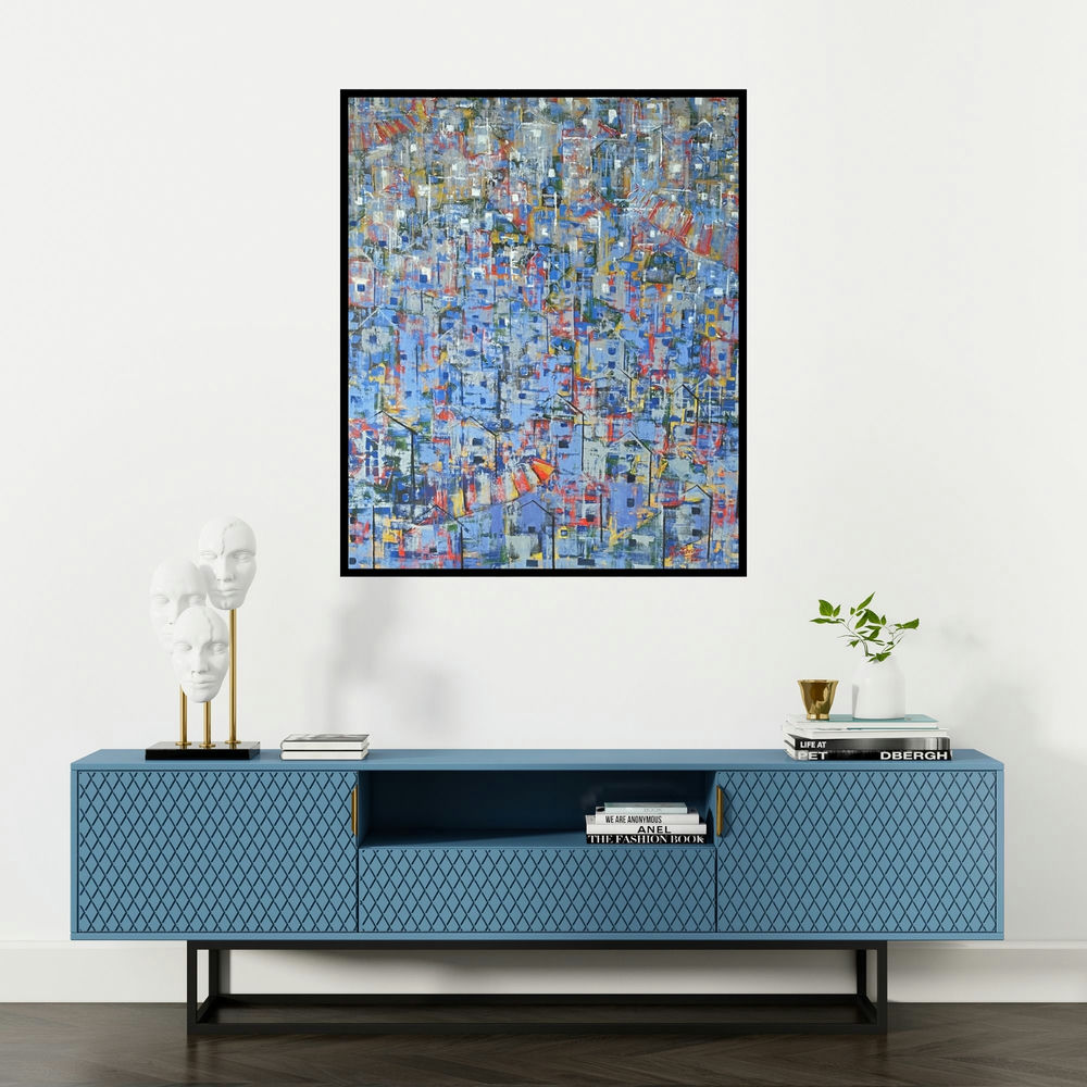 Karishma Wadhwa's 'I Want To Touch The Sky I Want To Dive Deep Down Into The Ocean' painting visualized above a sofa in a contemporary room.