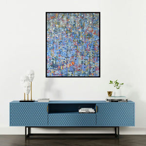 Karishma Wadhwa's 'I Want To Touch The Sky I Want To Dive Deep Down Into The Ocean' painting visualized above a sofa in a contemporary room.