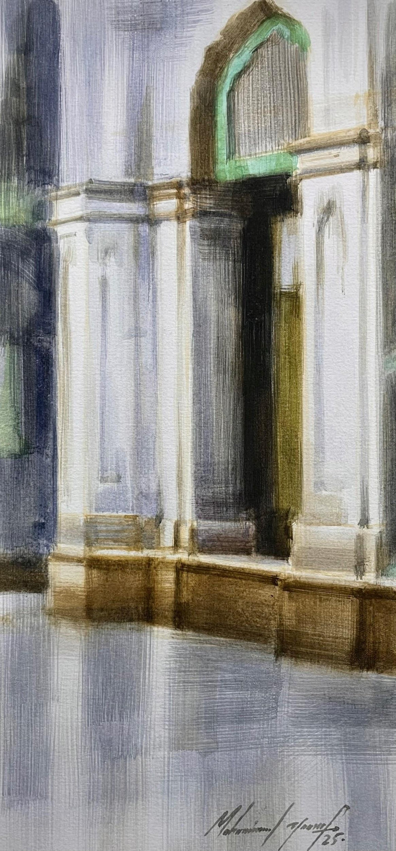 'Ibadat Gah' landscape watercolor painting by artist Mohammad Yusuf, 11x5 inch, on paper