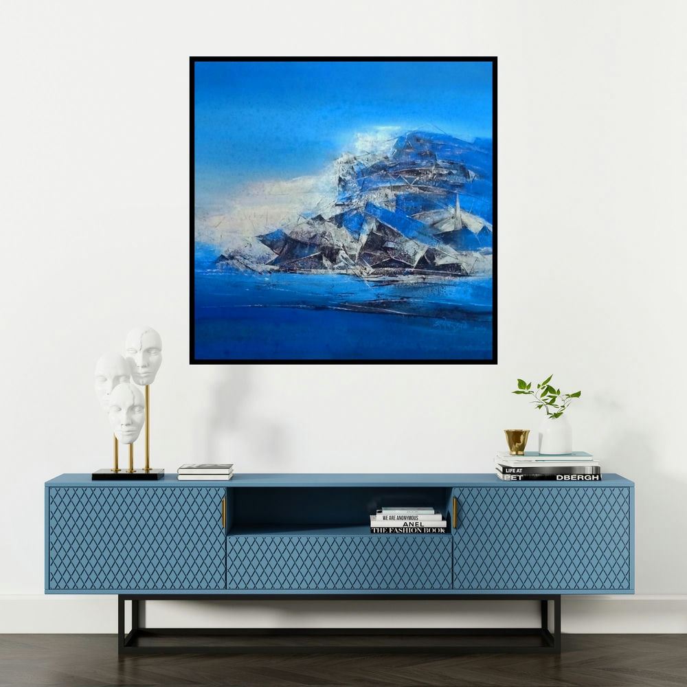 'Iceberg' painting by Dnyaneshwar Dhavale shown on a wall in a furnished room.