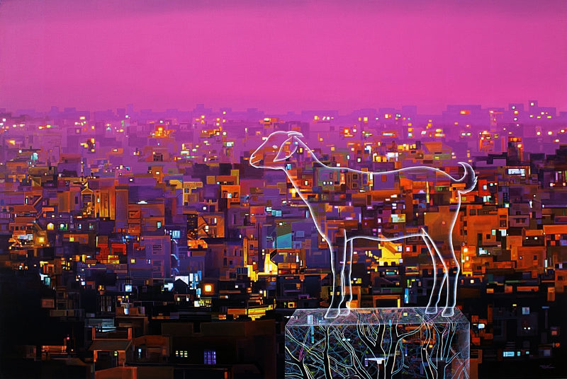 Idam' contemporary acrylic painting by artist Nijesh Mohan, 48x72 inch, on canvas
