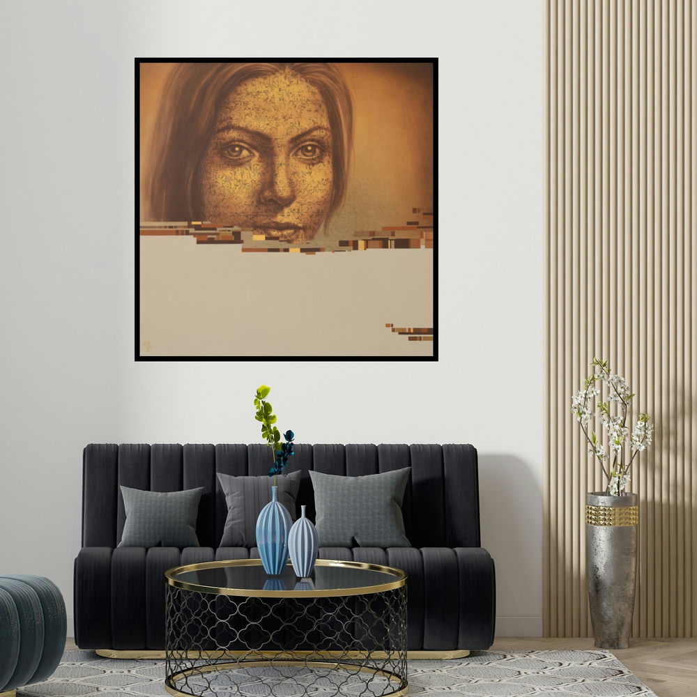 Nilesh Vede's 'The Identity 1 (Fragmented Identity)' painting visualized above a sofa in a contemporary room.