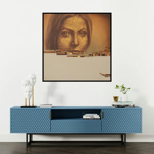 'The Identity 1 (Fragmented Identity)' painting by Nilesh Vede shown on a wall in a furnished room.