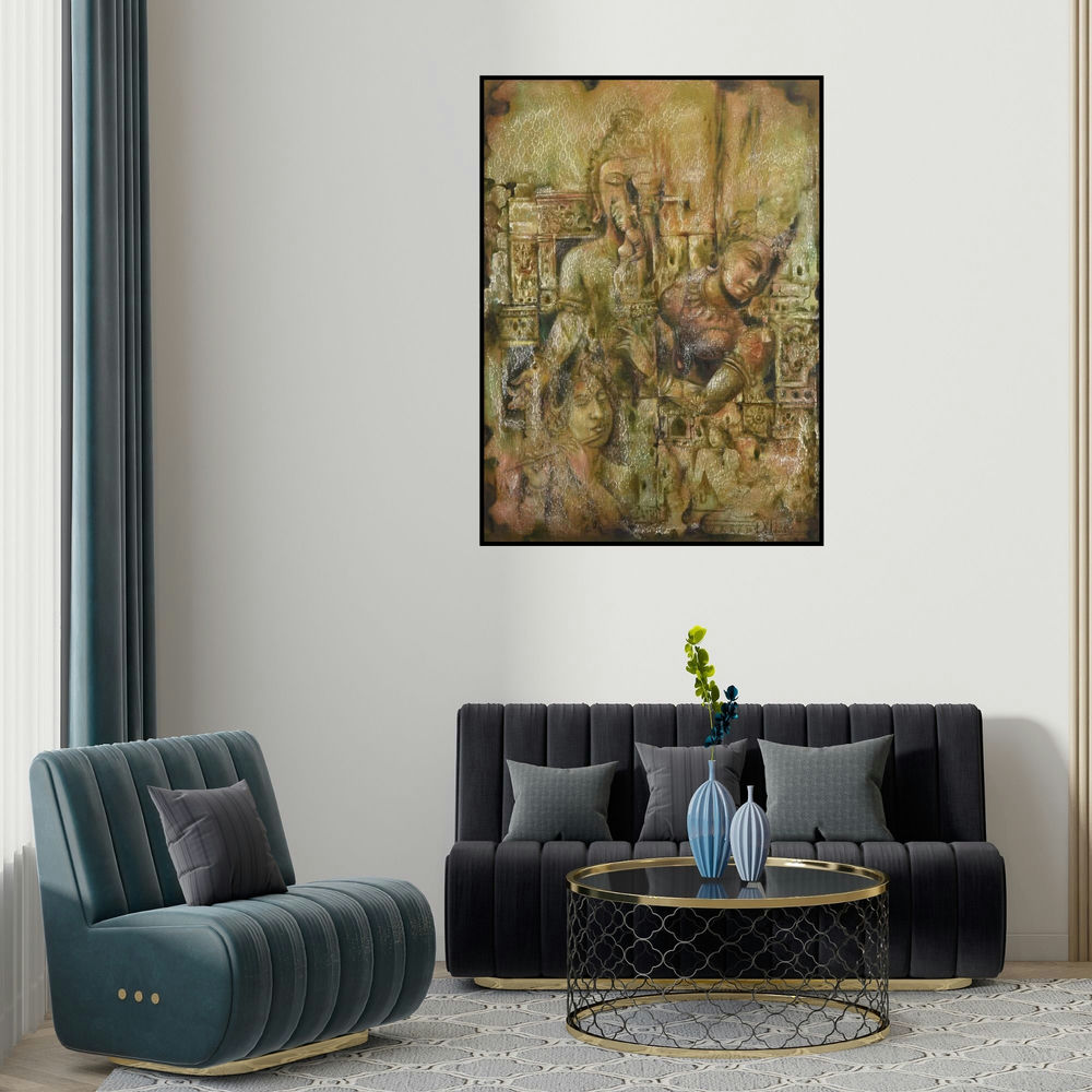 Durshit Bhaskar's 'Idols (Ancient Memories)' painting visualized above a sofa in a contemporary room.