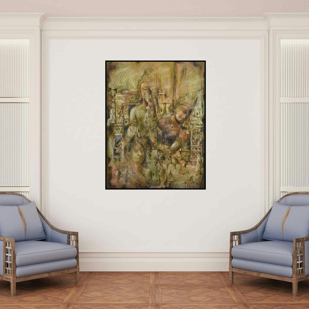 'Idols (Ancient Memories)' painting by Durshit Bhaskar shown on a wall in a furnished room.