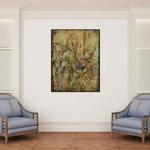 'Idols (Ancient Memories)' painting by Durshit Bhaskar shown on a wall in a furnished room.