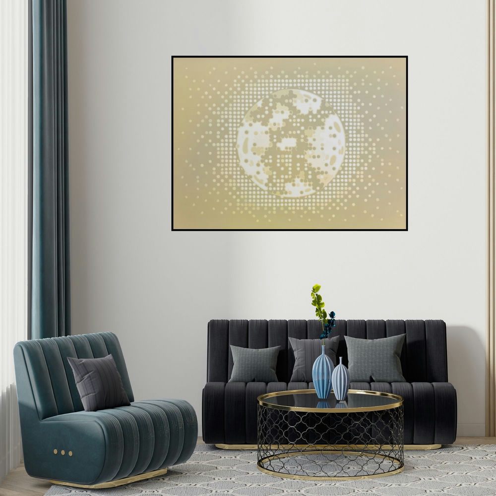 Sameer Patil's 'Illusion 11 (Optical Illusion)' painting visualized above a sofa in a contemporary room.