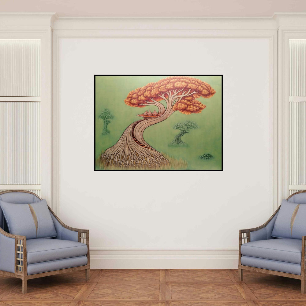 'Illusion Of Nature 2 (A Dreamy Abode)' painting by Subir Das shown on a wall in a furnished room.