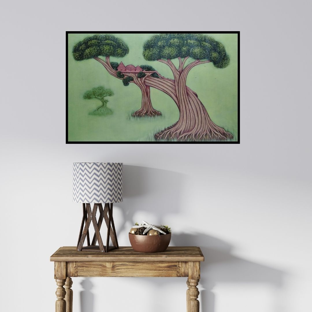 In-situ view of Subir Das's 'Illusion Of Nature 3 (A Dreamy Abode)' painting in a room