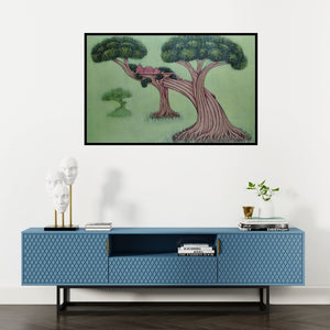 Preview of 'Illusion Of Nature 3 (A Dreamy Abode)' Painting by Subir Das shown on a wall in a furnished room.