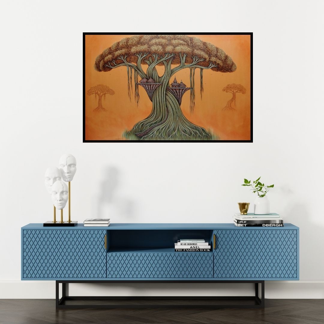 Preview of 'Illusion Of Nature 4 (A Dreamy Abode)' Painting by Subir Das shown on a wall in a furnished room.