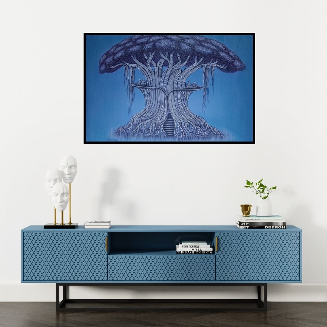 Preview of 'Illusion Of Nature 5 (A Dreamy Abode)' Painting by Subir Das shown on a wall in a furnished room.