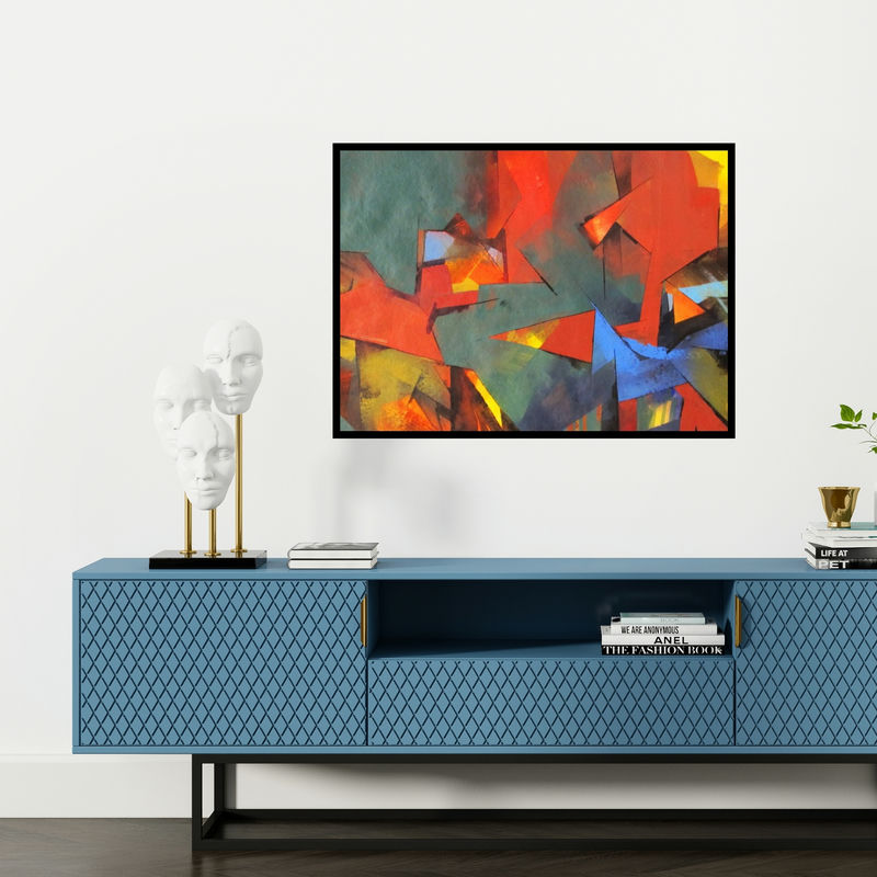 Preview of 'Illusion (Interwoven Realities)' Painting by Siddhesh Rane shown on a wall in a furnished room.