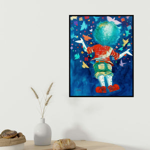 Shiv Kumar Soni's 'The Imaginations Of Childhood' painting visualized above a sofa in a contemporary room.