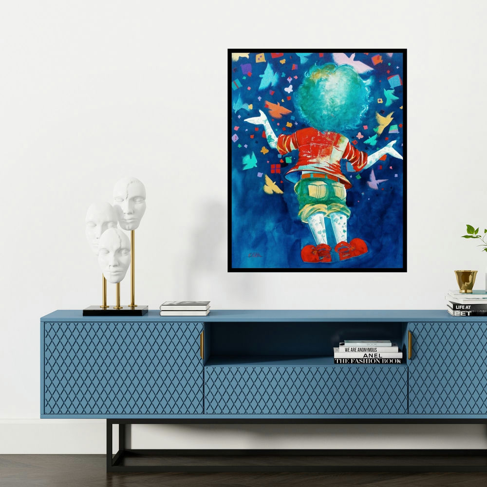 'The Imaginations Of Childhood' painting by Shiv Kumar Soni shown on a wall in a furnished room.