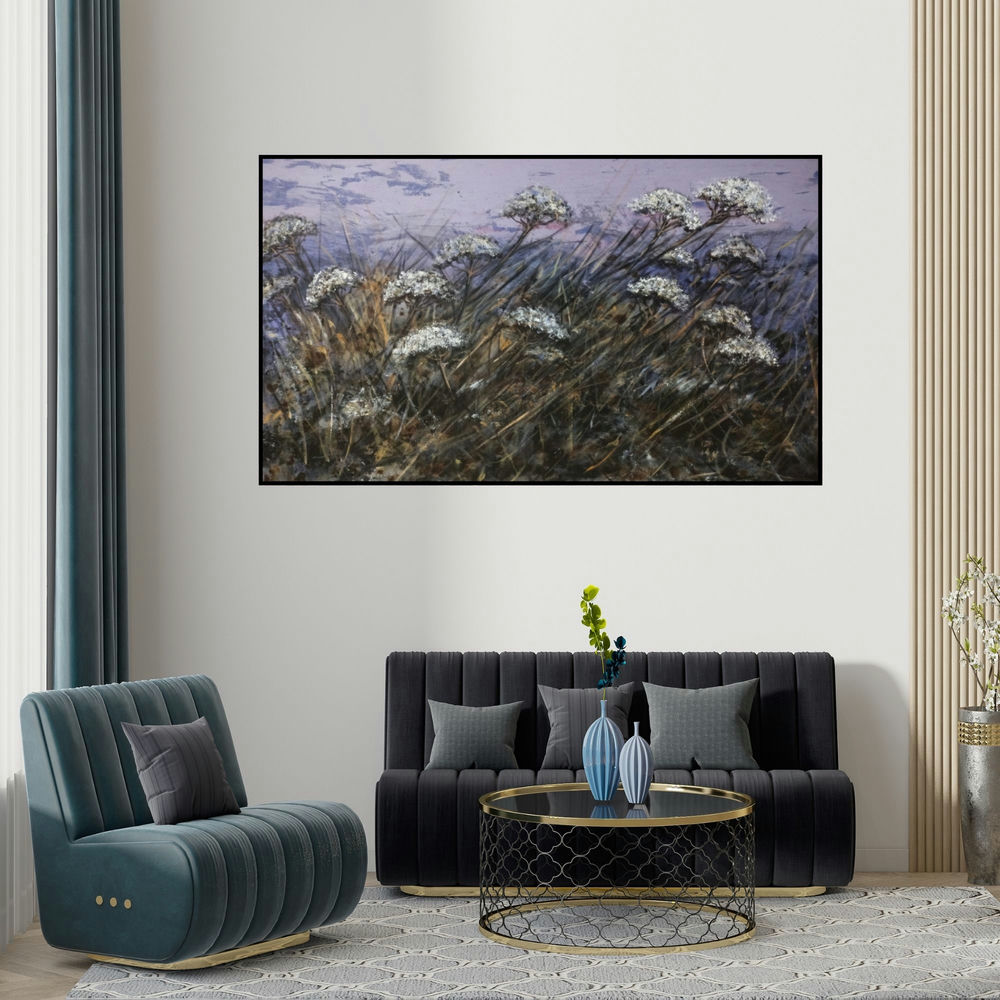 Chaitan Bhosale's 'Untitled 2 (A Serene Meadow)' painting visualized above a sofa in a contemporary room.