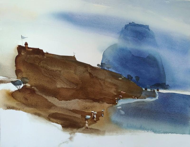 Landscape watercolor painting titled 'Immigrating Landscape Towards Abstract', 22x30 inches, by artist Prashant Prabhu on Paper