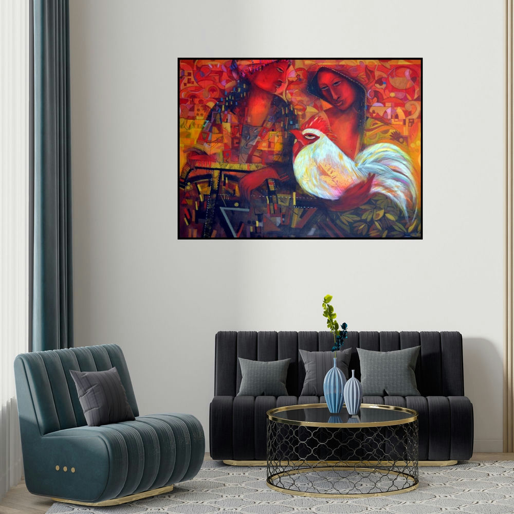 Madan Lal's 'Immigration (Untitled)' painting visualized above a sofa in a contemporary room.