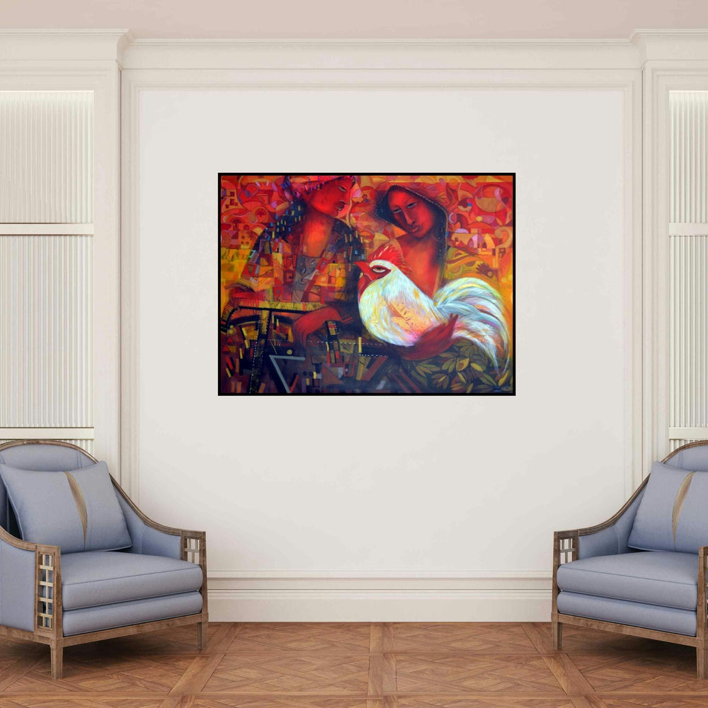 'Immigration (Untitled)' painting by Madan Lal shown on a wall in a furnished room.