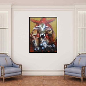 In-situ view of Jiban Biswas's 'Important Meeting' painting in a room