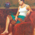 Figurative watercolor painting titled 'In Deep Thoughts', 30x48 inches, by artist Ganesh Hire on Canvas