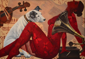 In Harmony (The Melody and the Muse) by Sonaly Gandhi, Original Acrylic Figurative Painting on Canvas, X-Large Horizontal Wall Art