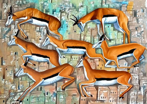 In Search Of Habitat (Urban Antelope) by Ranjith Raghupathy, Original Acrylic Animal Painting on Canvas, Medium Horizontal Wall Art