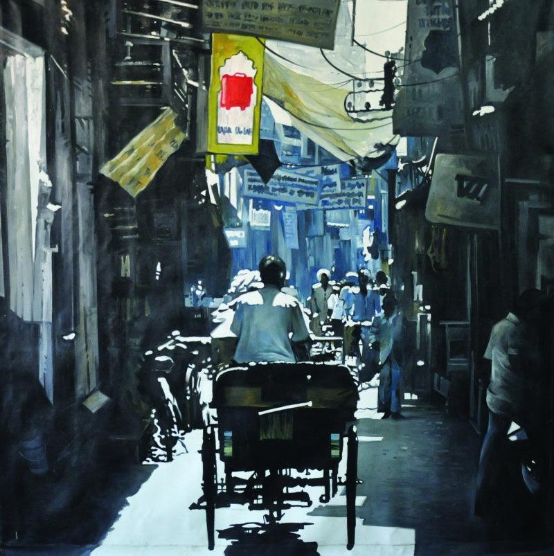 Cityscape oil painting titled 'In The Bazzar', 48x48 inches, by artist Ajit Deswandikar on Canvas