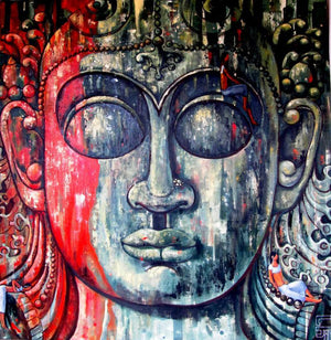 In The Shelter Of Faith Ii by Suruchi Jamkar, Original Acrylic Surrealist Painting on Canvas, X-Large Square Wall Art