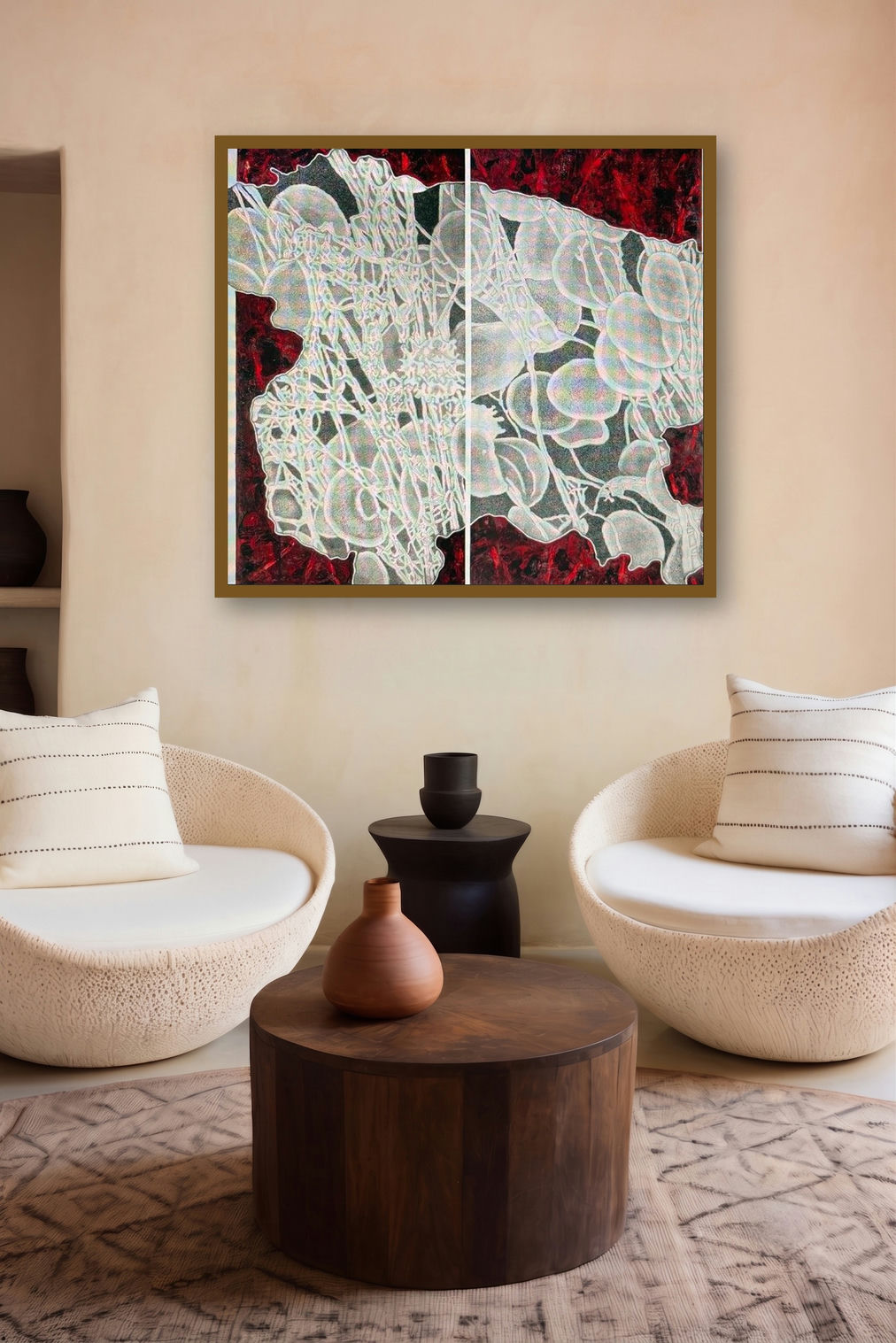 In The Spaces We Live (Diptych) by artist Parvathi Nayar displayed in a Designer gallery