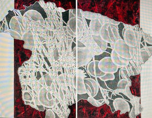 In The Spaces We Live (Diptych) by Parvathi Nayar, Original Mixed Media Contemporary Painting on Wooden Panels, Large Horizontal Wall Art