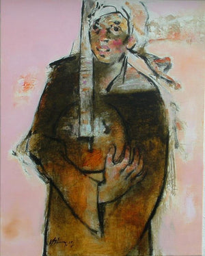 In Tune 7 by Ajay Deshpande, Original Oil Figurative Painting on Canvas, Medium Vertical Wall Art