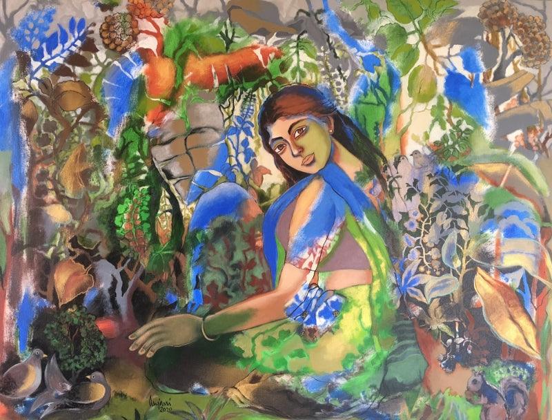 In Tune With Nature (Woman in Nature) by Anjani Reddy, Original Acrylic Figurative Painting on Canvas, Large Horizontal Wall Art