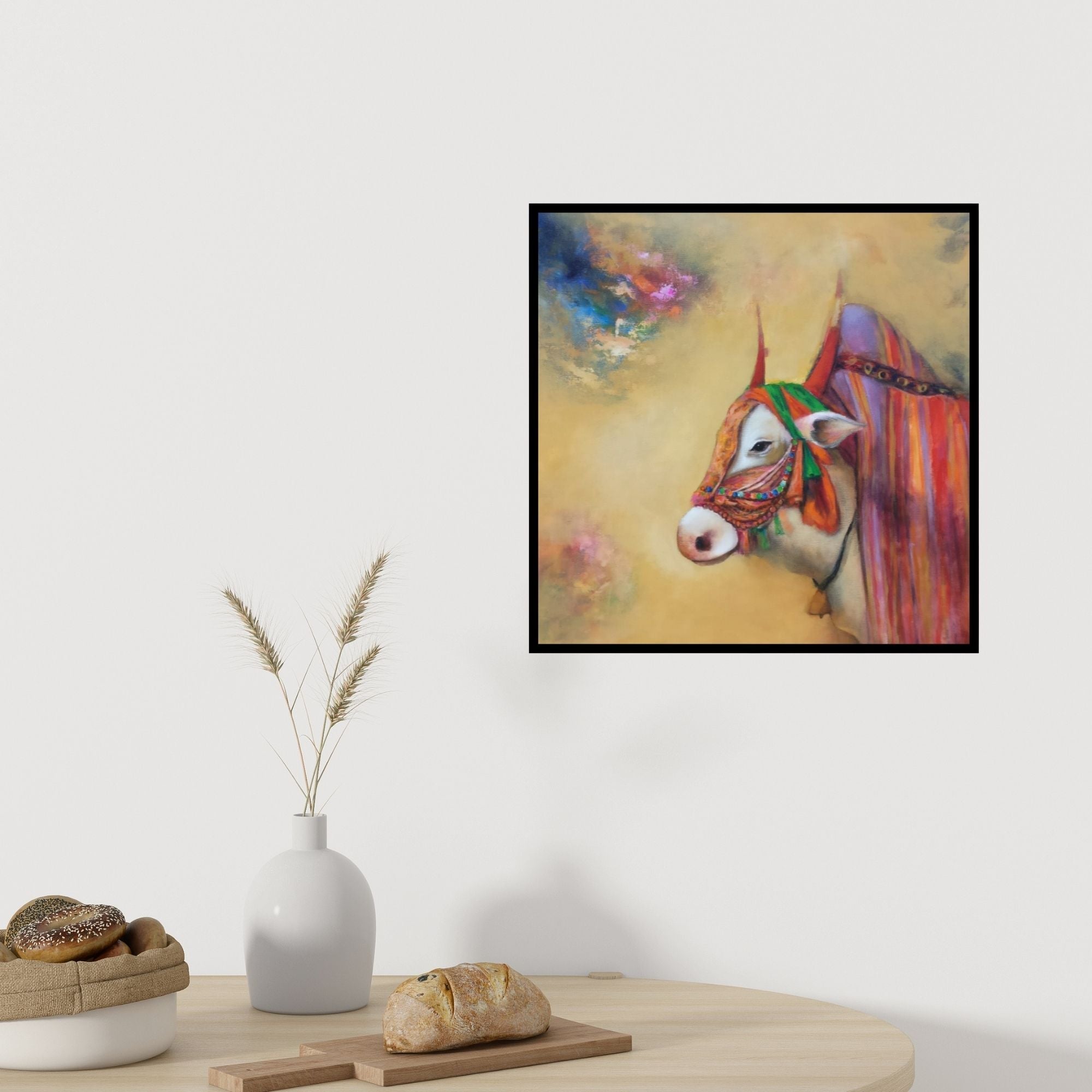 In-situ view of Swastik Jawalekar's 'Indian Ox (The Sacred Bull)' painting in a room