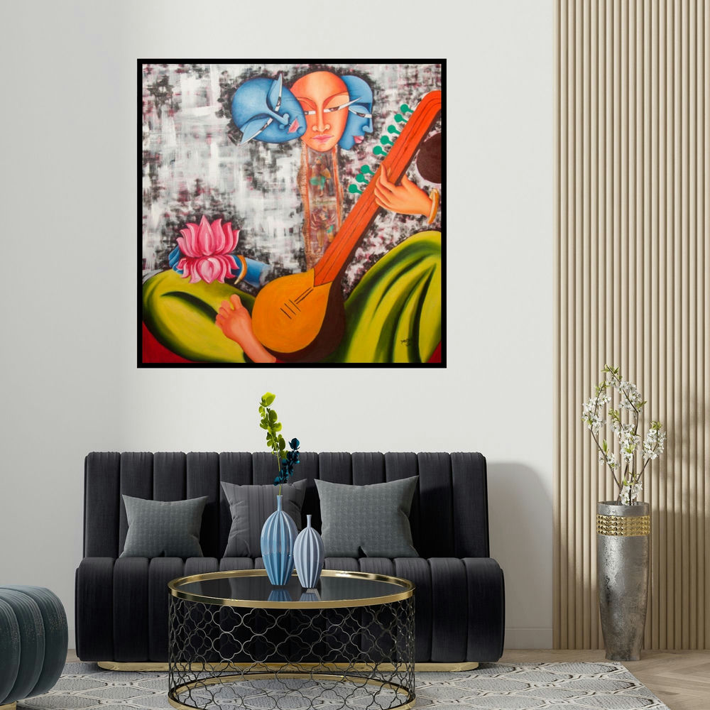 Deepali Mundra's 'Inception (Celestial Harmony)' painting visualized above a sofa in a contemporary room.