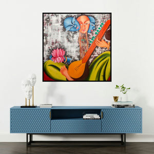 'Inception (Celestial Harmony)' painting by Deepali Mundra shown on a wall in a furnished room.