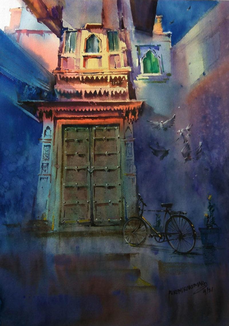 Landscape watercolor painting titled 'Incredible Heritage', 17x12 inches, by artist Purendra Deogirkar on Paper