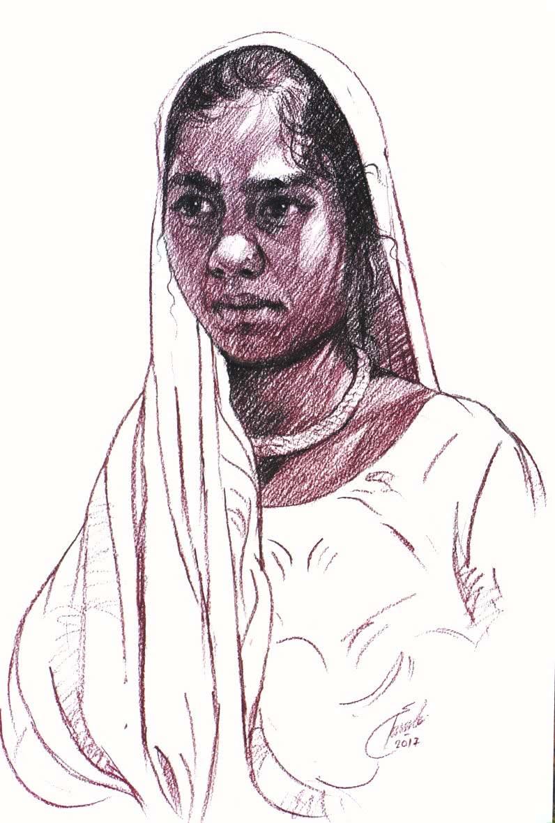Portrait charcoal drawing titled 'Incredible Tribal Beauty 17', 21x15 inches, by artist Sunil Paraji Tambe on Paper