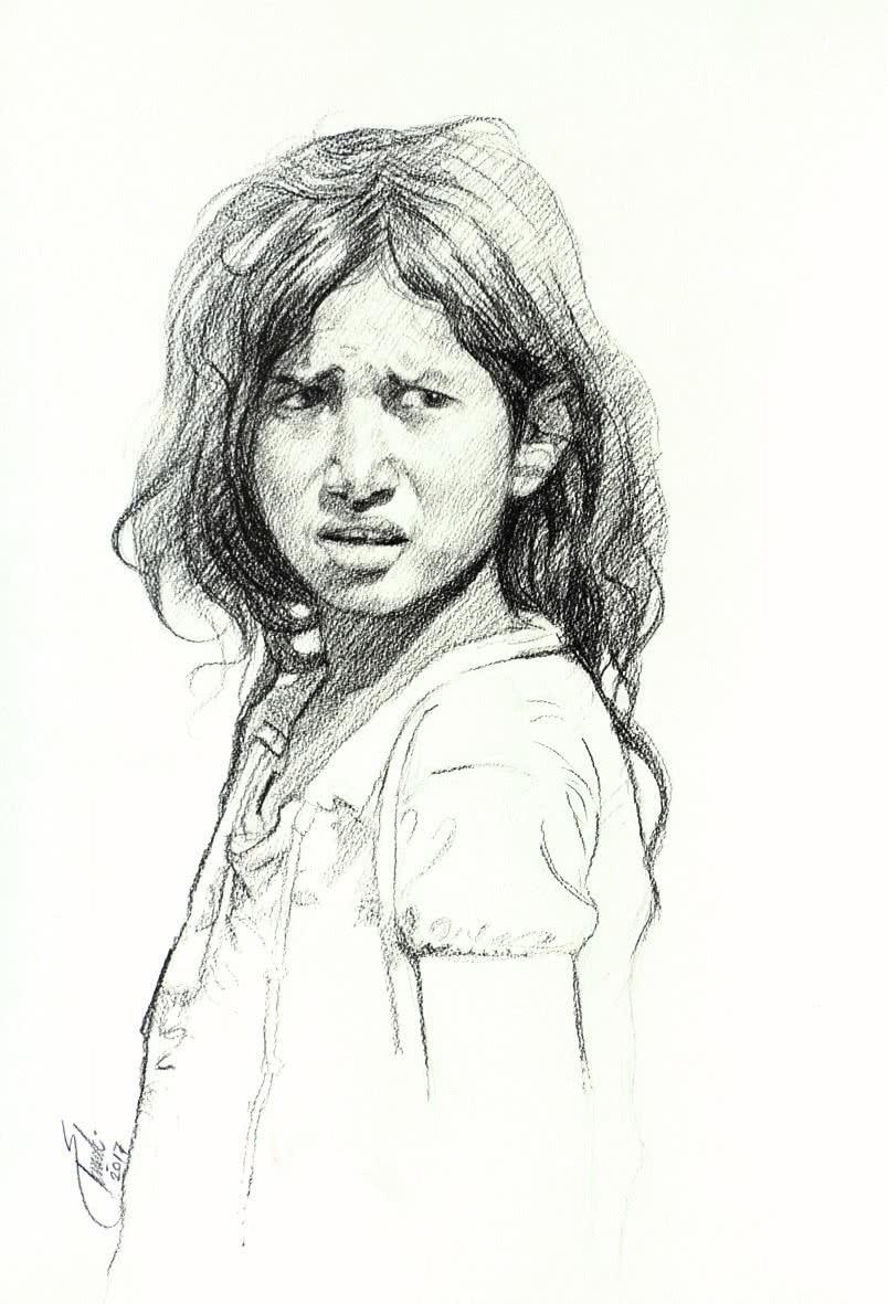 Portrait charcoal drawing titled 'Incredible Tribal Beauty 19', 21x15 inches, by artist Sunil Paraji Tambe on Paper