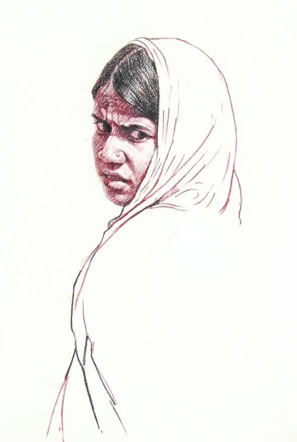 Portrait charcoal drawing titled 'Incredible Tribal Beauty 22', 21x15 inches, by artist Sunil Paraji Tambe on Paper
