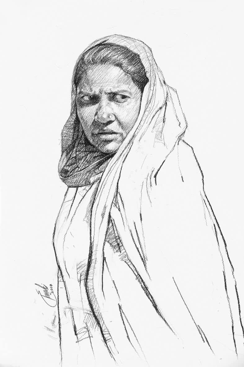 Portrait charcoal drawing titled 'Incredible Tribal Beauty 25', 21x15 inches, by artist Sunil Paraji Tambe on Paper