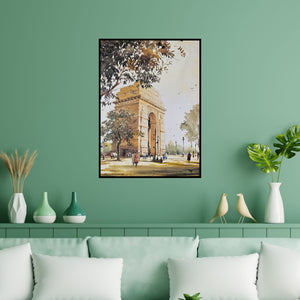 Preview of 'India Gate Delhi (Majestic India Gate**)' Painting by Ranabir Saha shown on a wall in a furnished room.